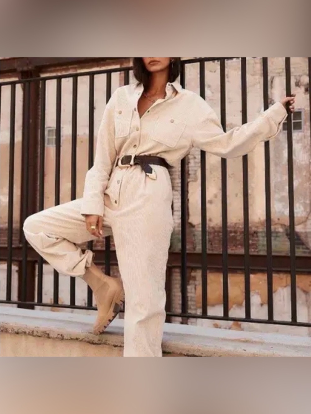 12th Tribe Cream Corduroy Straight-Leg Jumpsuit